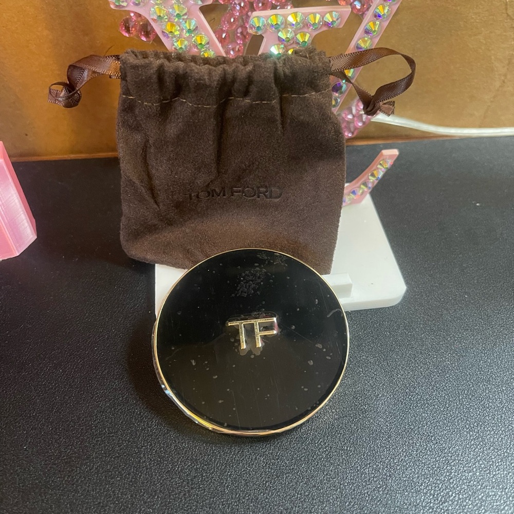 Tom Ford Black and Gold compact mirror and dust bag.